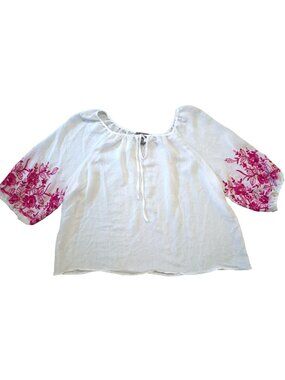 Olivia & Martin White Peasant Top Pink Embroidery Boho 3X Summer Beach.